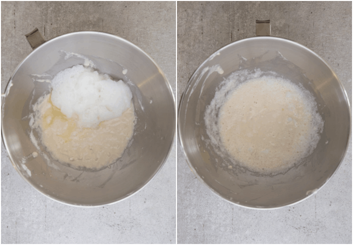adding the egg white to the mixing bowl and the flour