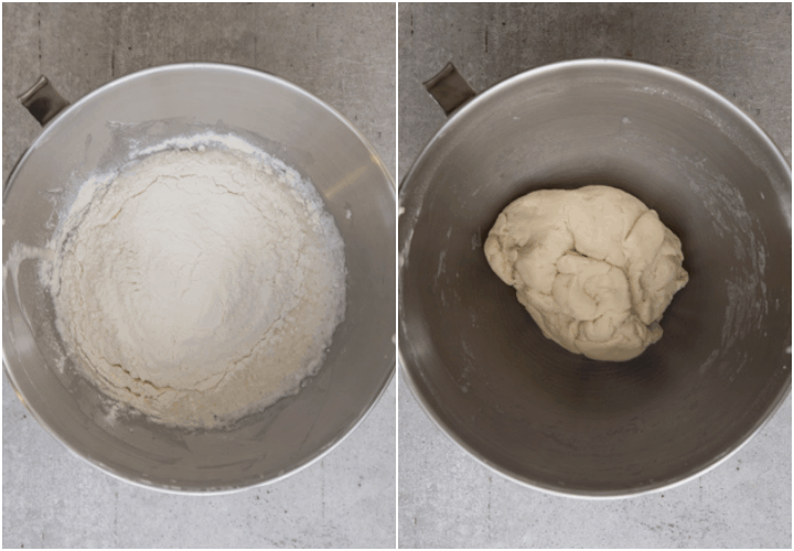 adding the remaining flour and kneading the dough