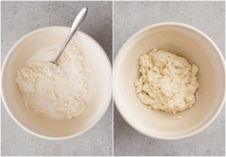the dry ingredients in a white bowl and the mixed dough in a white bowl