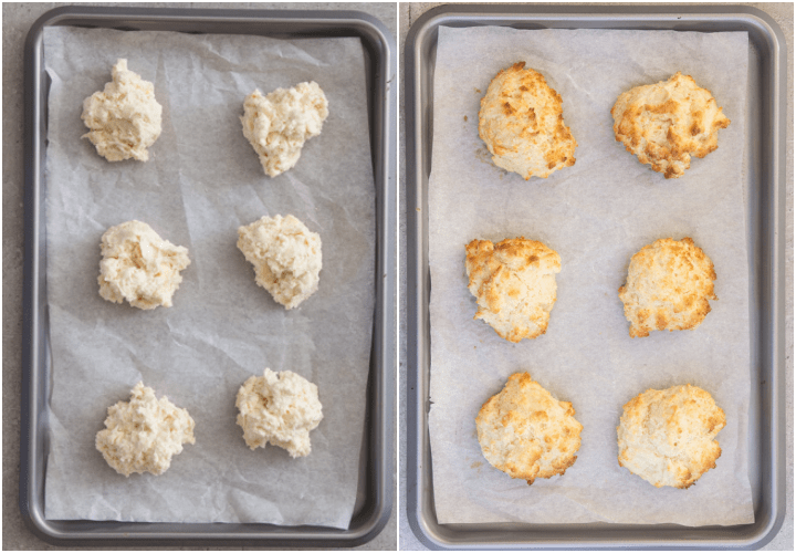drop biscuits on a cookie sheet before and after baked