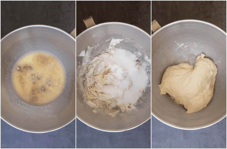 yeast and water in mixing bowl, the flour added in the mixing bowl, the dough kneaded until smooth in the bowl