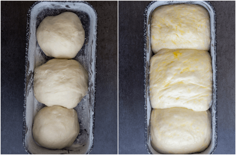 dough balls in the loaf pan before and after 2nd rising