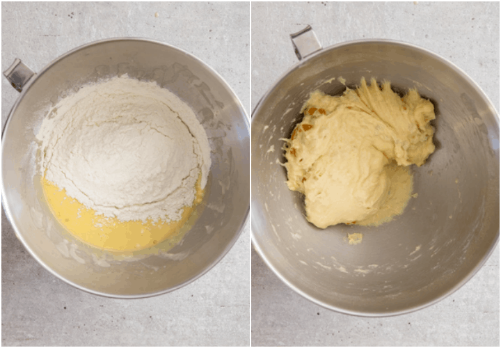 adding the flour and egg and kneading in the mixing bowl