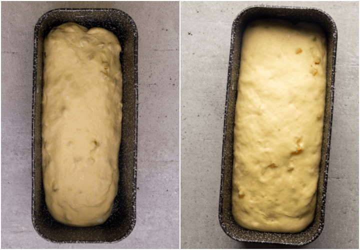 placing the dough in the loaf pan before and after rising