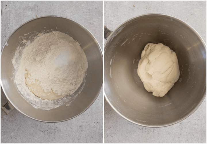 the dry ingredients in the bowl, making the dough