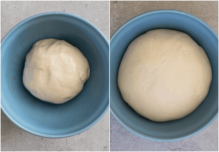 the pizza dough in a blue bowl before and after rising
