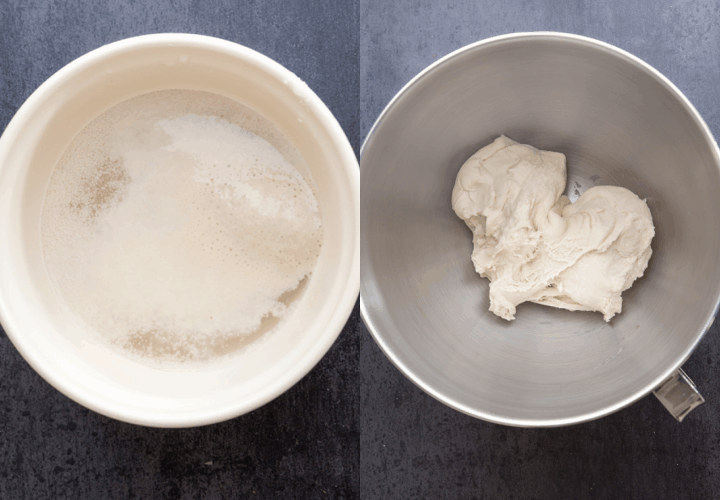 mixing the yeast and flour and kneading a smooth dough in the mixer
