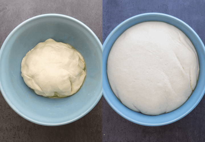 the pretzel dough before and after rising in a blue bowl