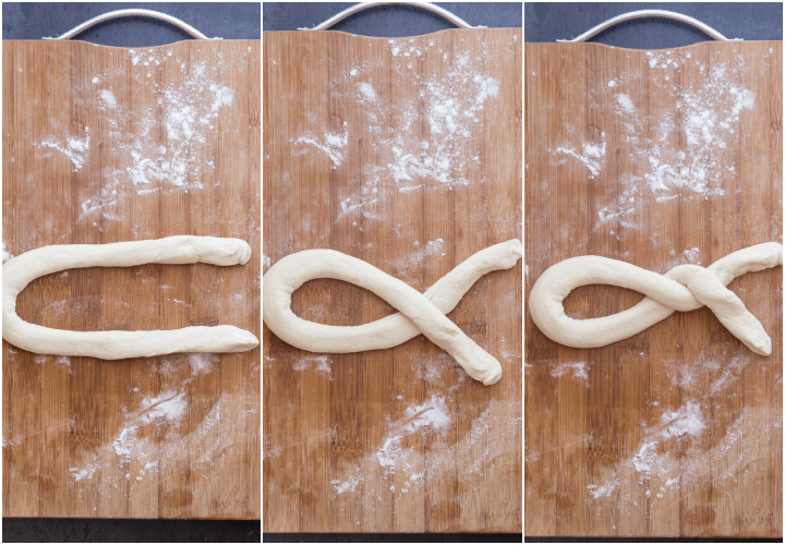 forming the dough into ropes and shaping into pretzel shapes