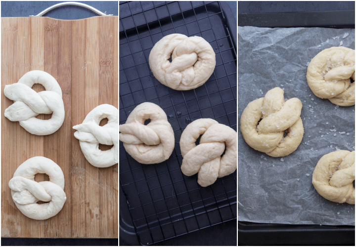 forming ropes into pretzel shapes and boiling in soda water and ready for baking on a parchment paper cookie sheet