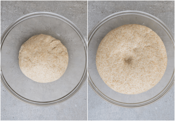 dough before and after rising in a glass bowl