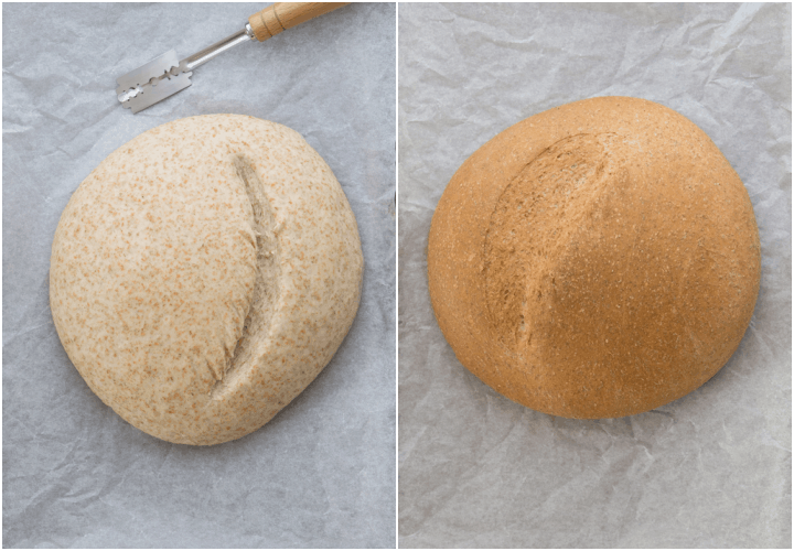 scoring the bread before and after baking on parchment paper