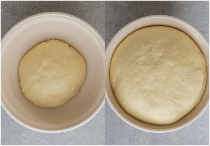 dough before and after risen in a white bowl