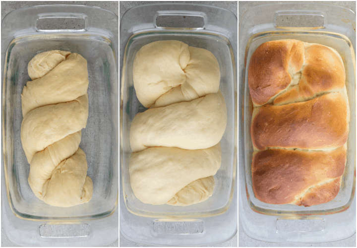 the dough before and after risen and baked in a glass loaf dish
