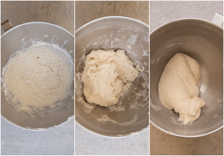 mixing the flour, forming the dough and kneading the dough in a silver bowl