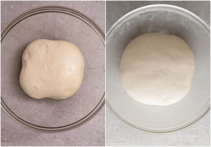 the dough before and after rising in a glass bowl