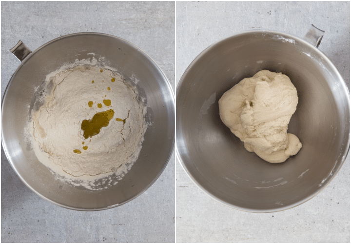 mixing the dough in a silver mixing bowl