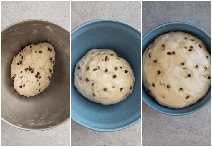 dough in a blue bowl before and after rising
