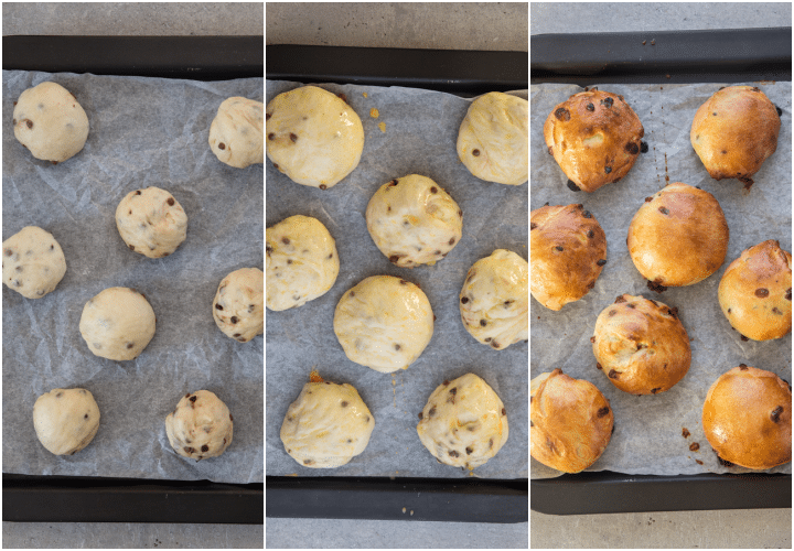 buns on parchment paper cookie sheet before and after rising and after baked