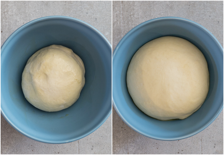 the dough in a blue bowl before and after rising