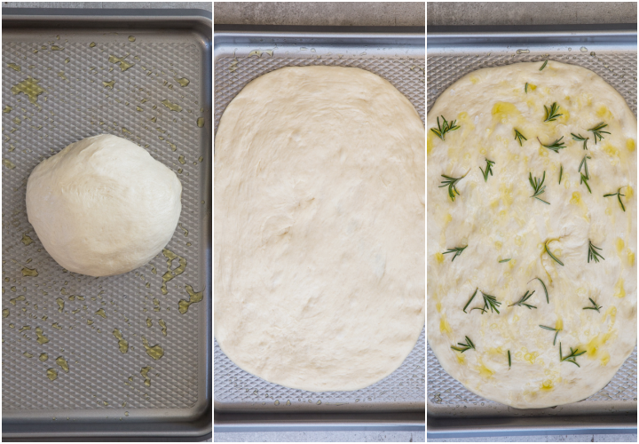 the dough rolled to an oval shape and with rosemary, salt and oil on top