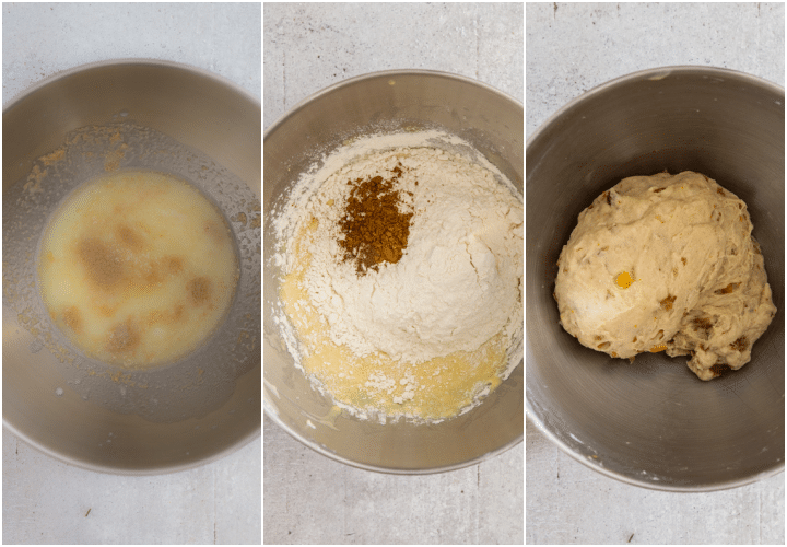 yeast & water in mixing bowl, adding the flour and cinnamon, and kneading to make a dough