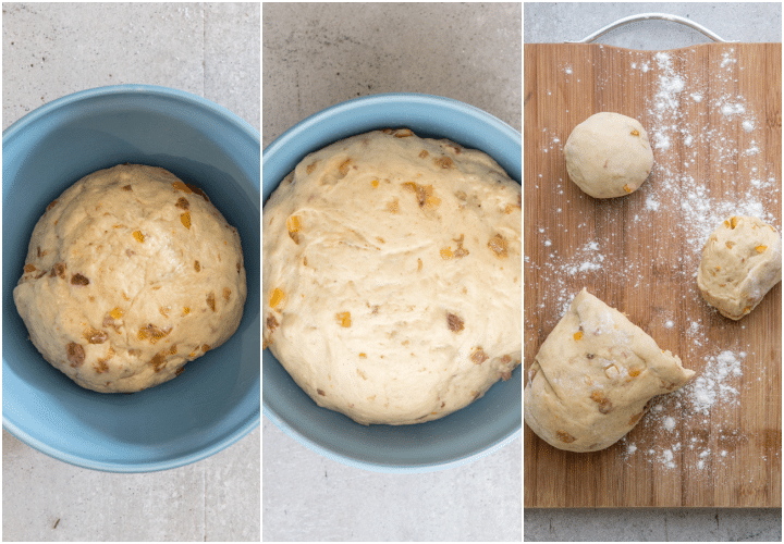 dough in a blue bowl before and after rising and dough on a board cut to make 6 balls