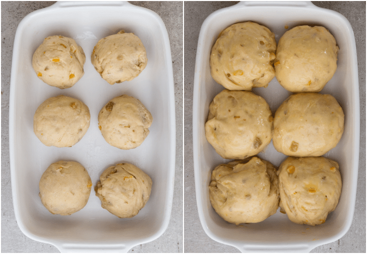 buns in the baking pan before and after rising