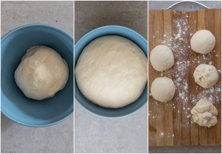 dough before and after rising and making sandwich balls