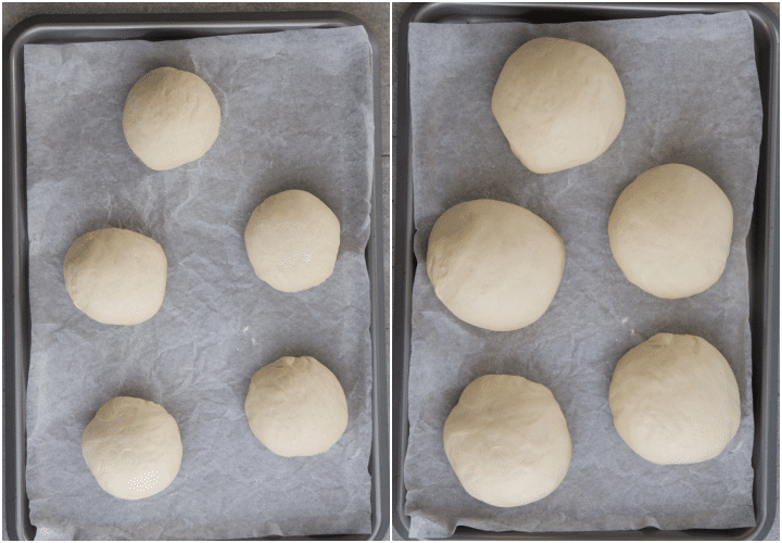 dough balls on a cookie sheet before and after rising