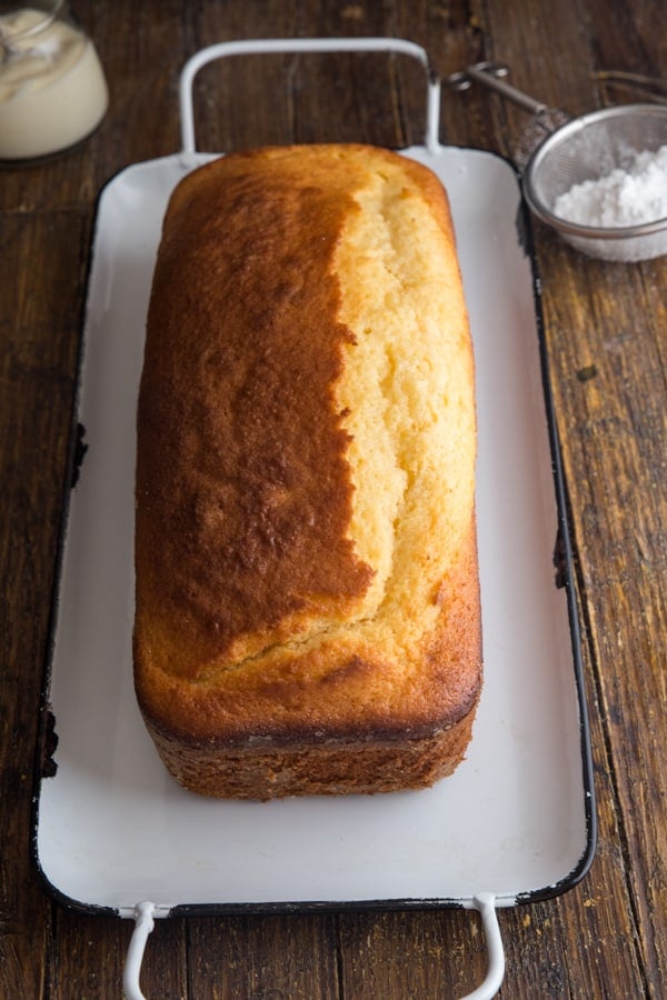 yogurt bread made without powdered sugar on a white tray