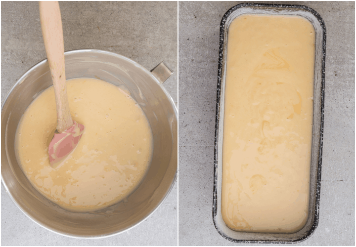 yogurt batter mixed in a mixing bowl and in the loaf pan ready for baking