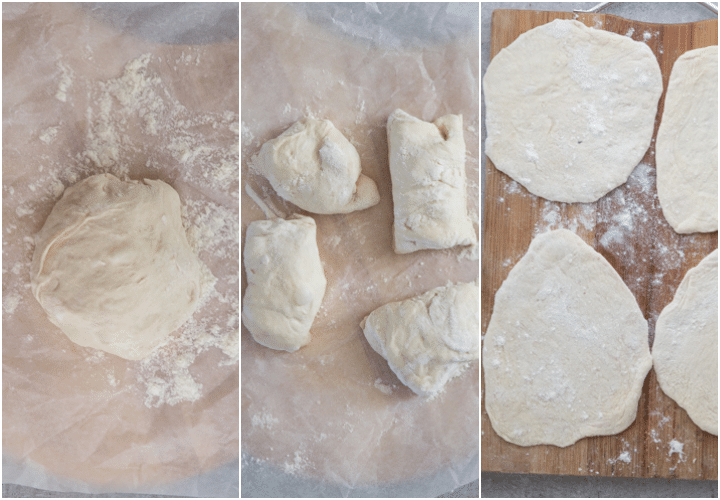 dough resting and divided into 4 then rolling out flat