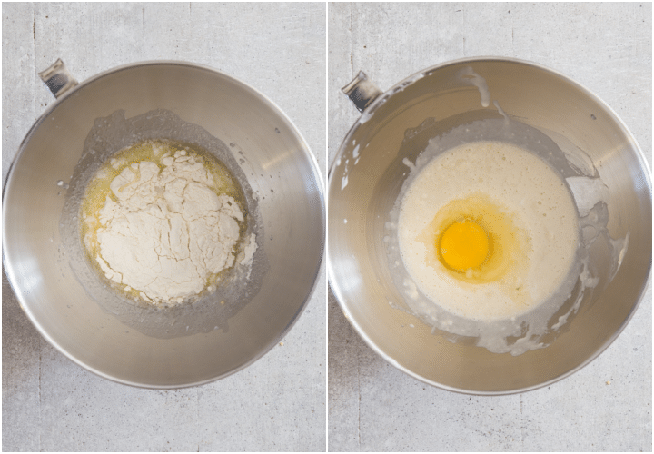 adding flour to mixing bowl then adding the egg