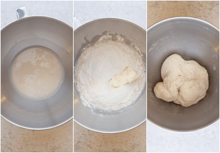 making the dough in a silver mixing bowl 