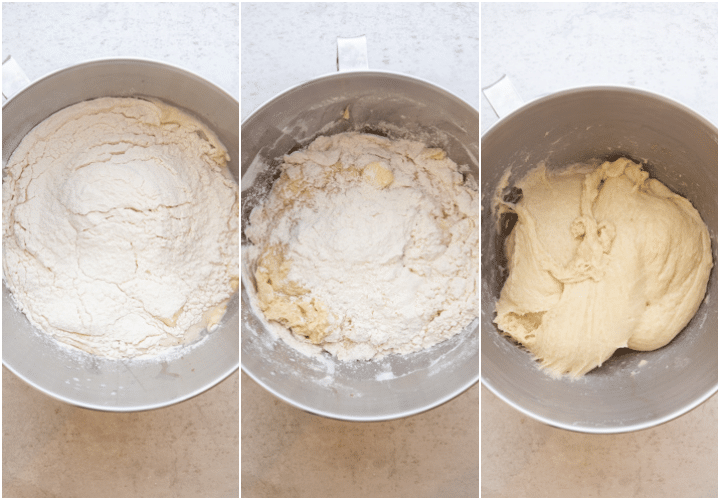 mixing the ingredients and forming a soft dough in a silver mixing bowl
