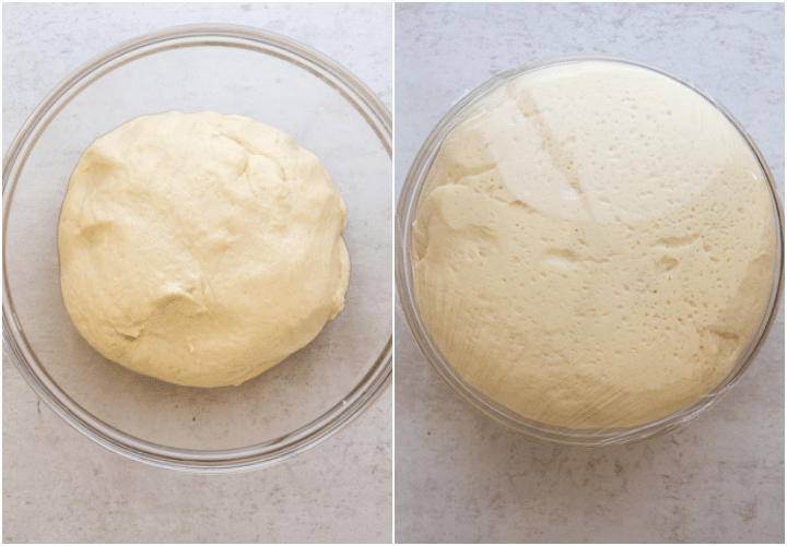 placing the dough in a glass bowl before and after rising