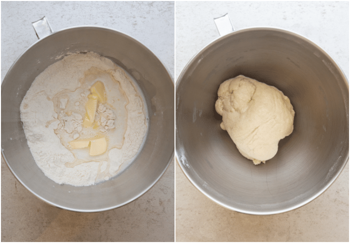 mixing the ingredients in a mixing bowl and dough coming together