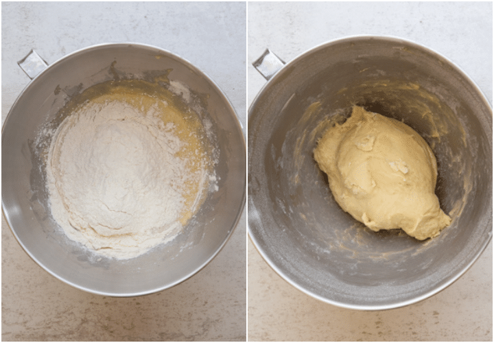 adding the flour to the mixing bowl and kneading for a soft dough