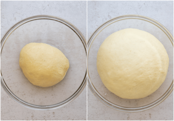 dough in a glass bowl before and after rising