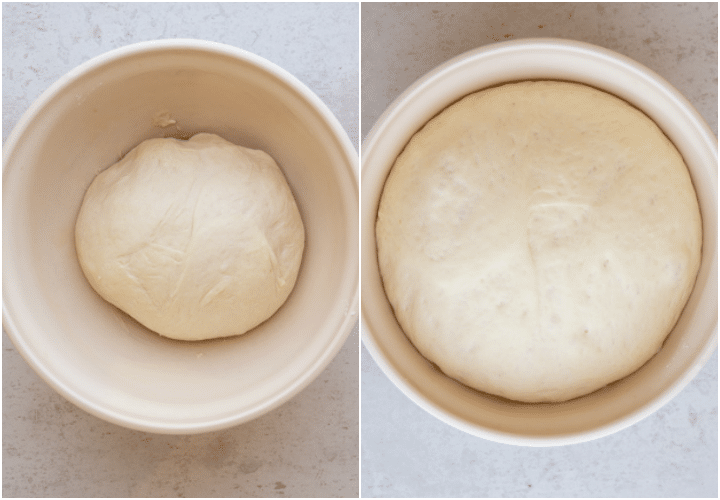 the pizza dough in a white bowl before and after the second rise