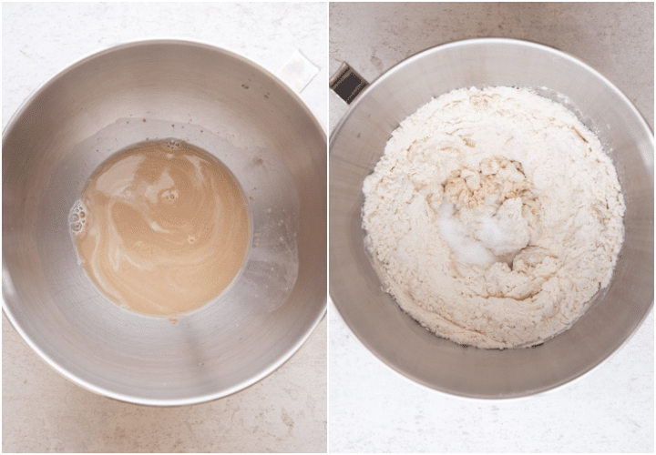 mixing the yeast and water in mixing bowl and adding the flours 
