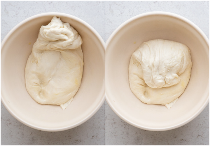 folding the dough in a white bowl