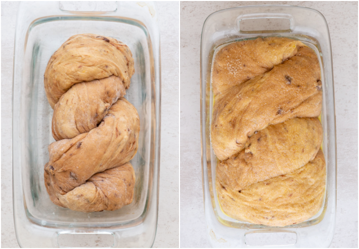 braided loaf in a loaf pan before and after rising and brushed with an egg wash