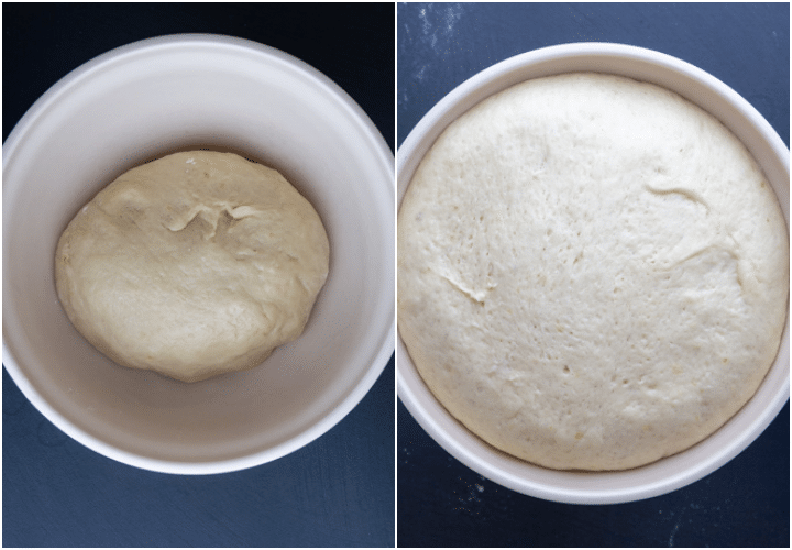 dough in a white bowl before and after rising