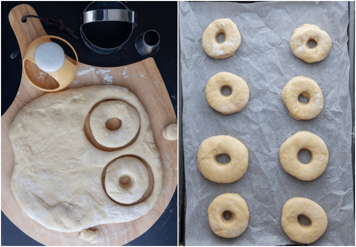 the donuts cut out and placed on a cookie sheet with parchment paper