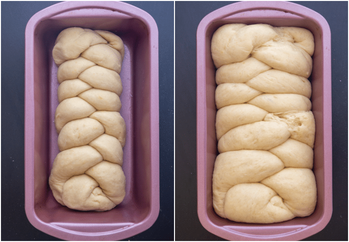 the bread braid in a loaf pan before and after rising.