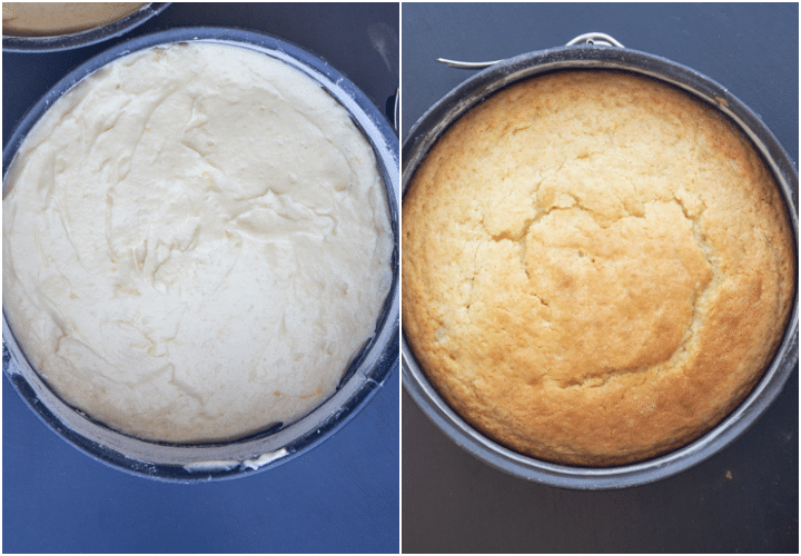 batter in cake pan before & after baking.