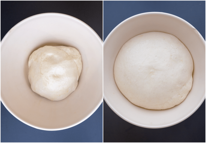 dough in white bowl before & after rising