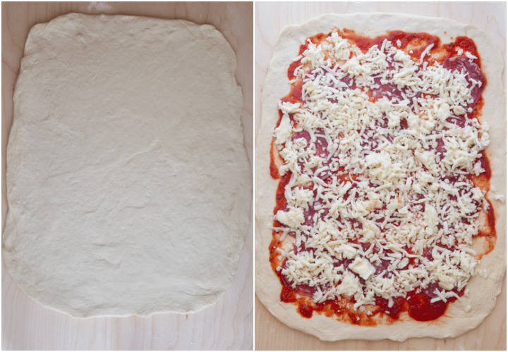 the dough rolled into a rectangle and toppings added on top